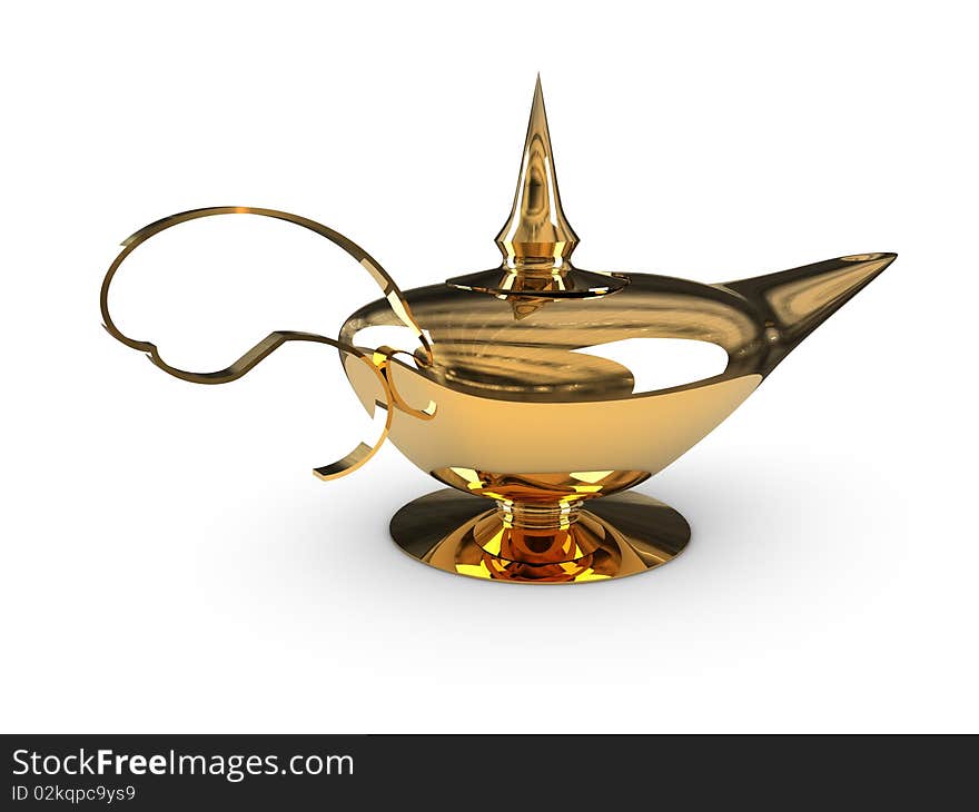 Golden Alladin lamp isolated rendering.