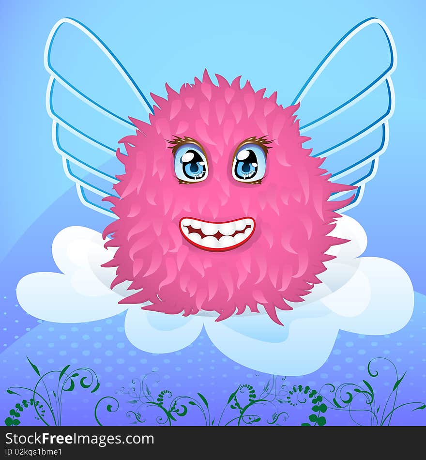 Smiling creature with wings on a cloud. Smiling creature with wings on a cloud