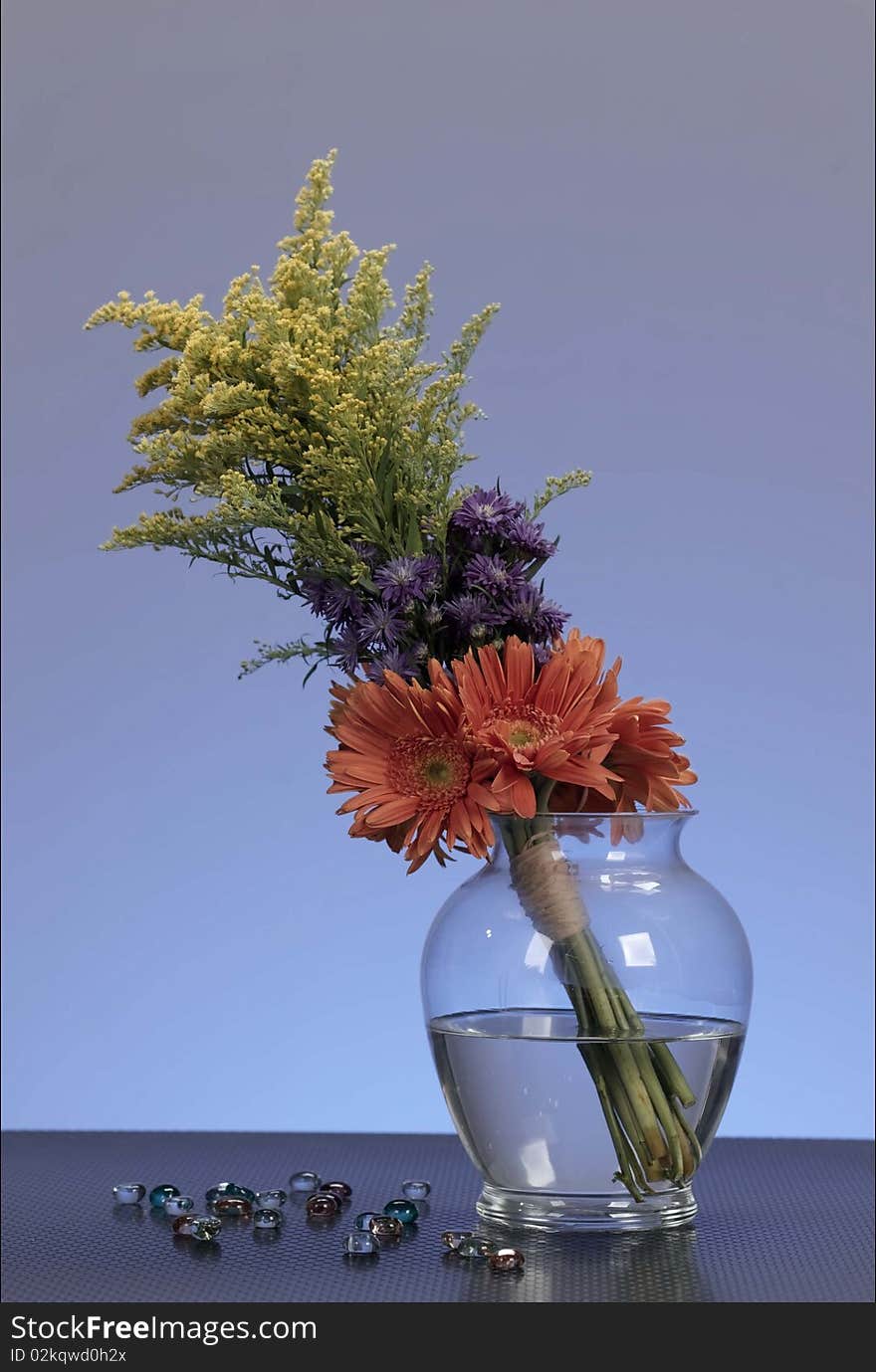 Vase with water full of flowers on a blue background. Vase with water full of flowers on a blue background