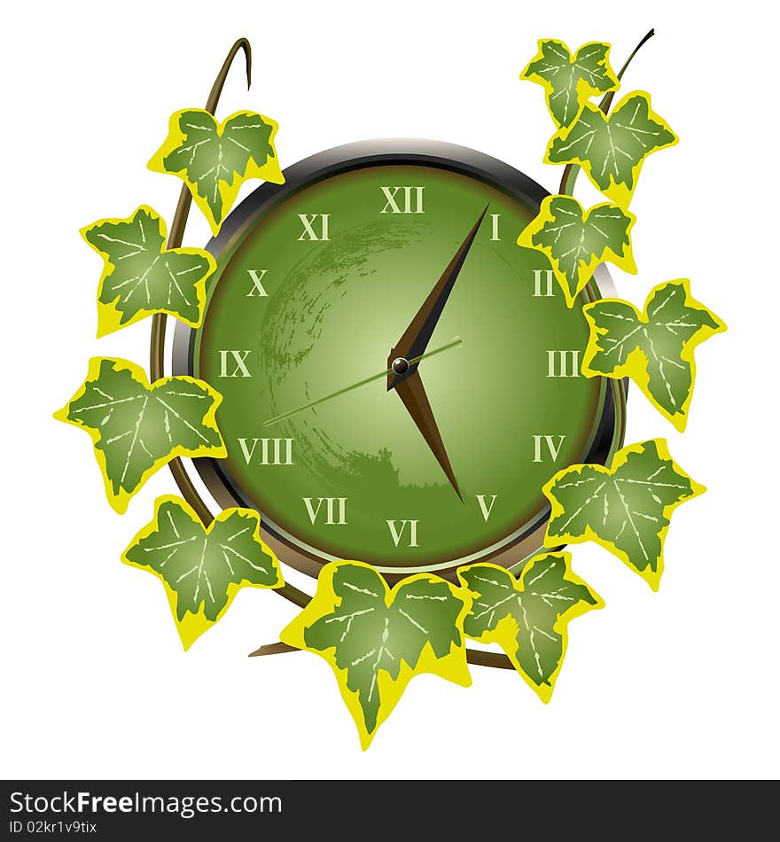 Green clock overgrown with ivy suggesting the passing of time. Green clock overgrown with ivy suggesting the passing of time.