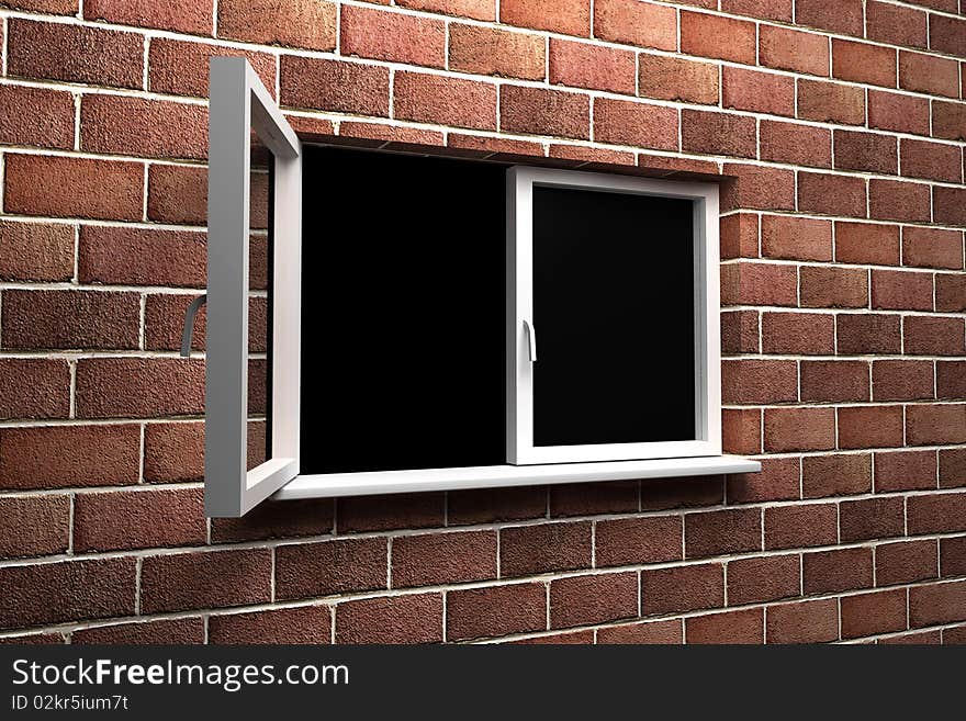 Three dimensional rendered open window on brick wall. Three dimensional rendered open window on brick wall