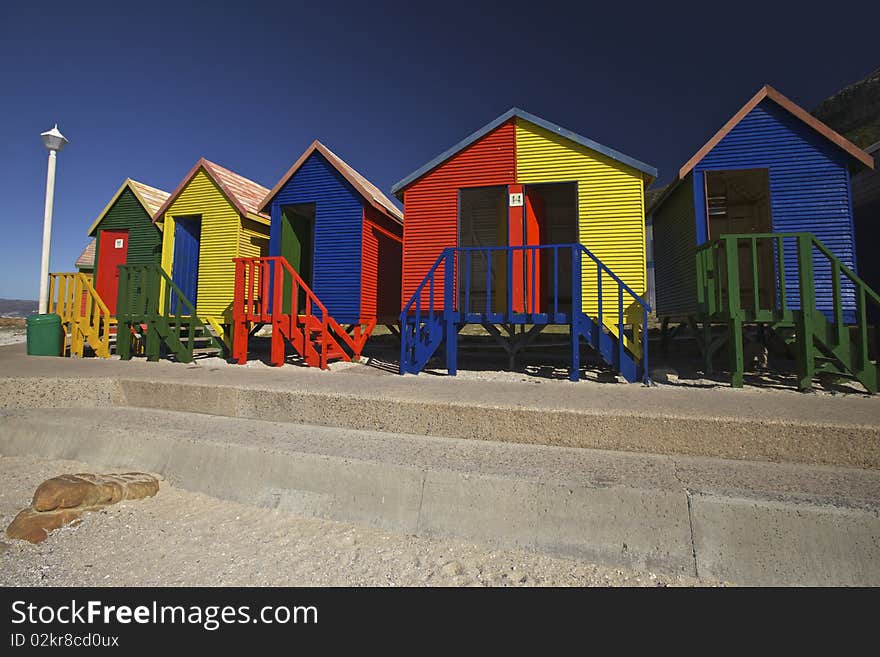 Wooden changing cabins at the beach, Cape Town