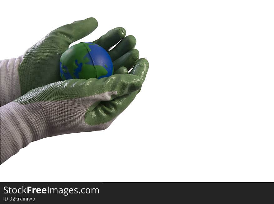 Environmental protection concept picture; two hands gloved in green holding the Earth globe; work path.