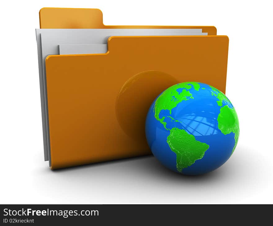 3d illustration of folder icon or symbol with earth globe, over white background. 3d illustration of folder icon or symbol with earth globe, over white background
