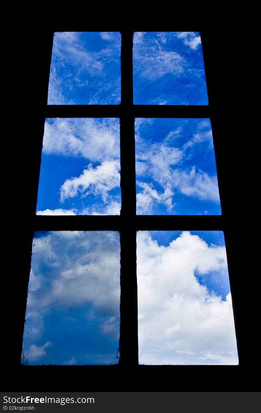 Blue sky view from dirty glass windows