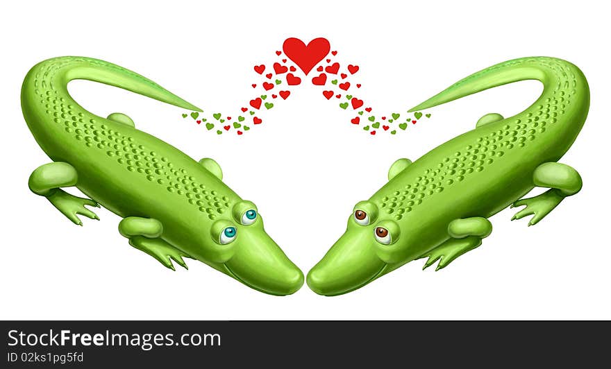 Two green crocodile with red hearts