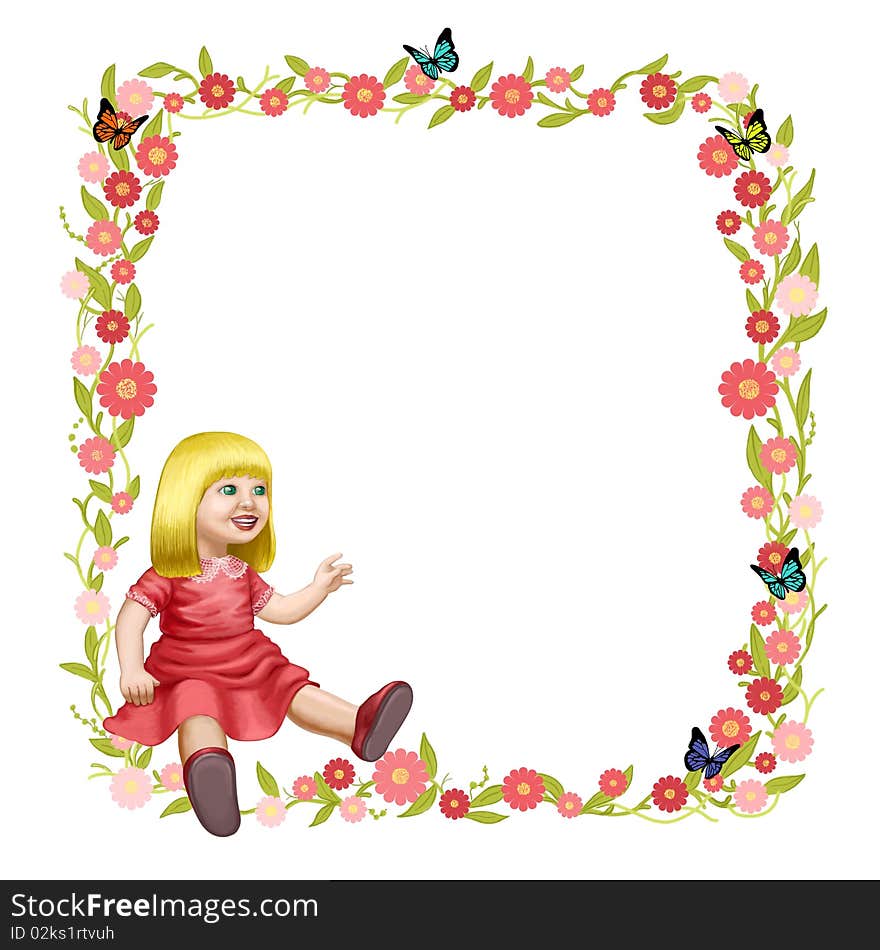 Frame with a doll and butterfly. Frame with a doll and butterfly