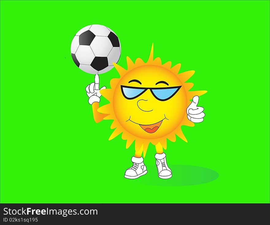 Smiling sun with soccer ball over green background