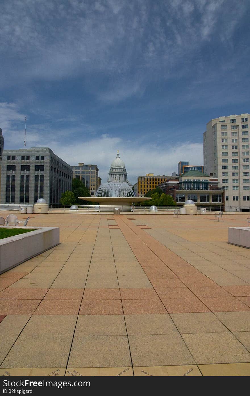 View of the Capitol in the city of Madison, Wisconsin,from the esplanade near the lake