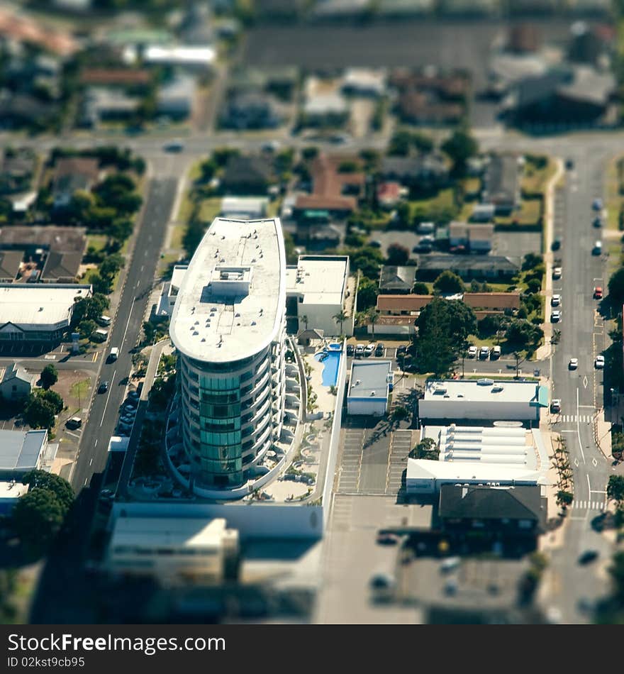 Top view of townscape, New Zealand: buildings, roads, cars, streets