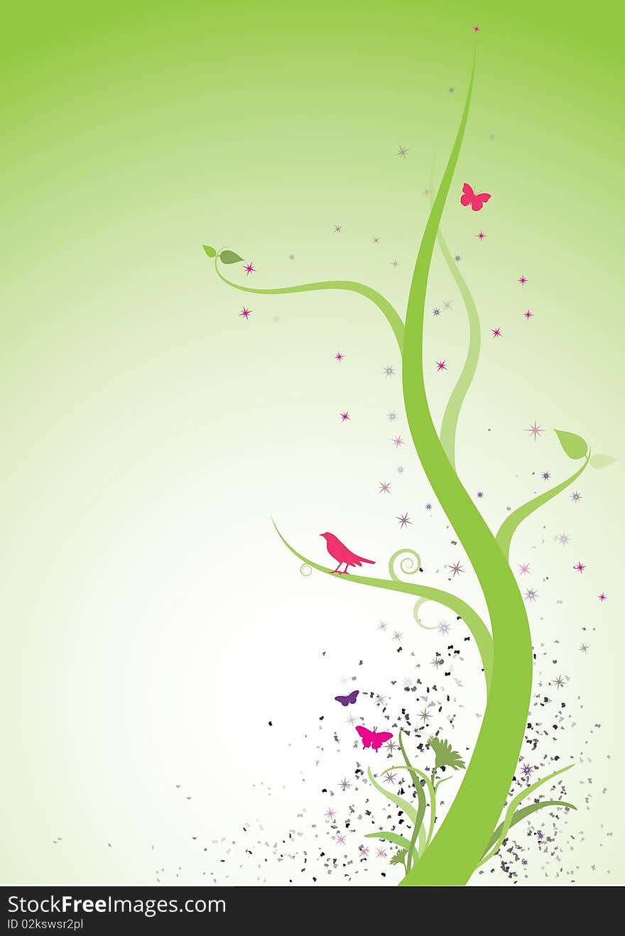 A detailed illustration of an abstract tree with a bird and butterflies. A detailed illustration of an abstract tree with a bird and butterflies.