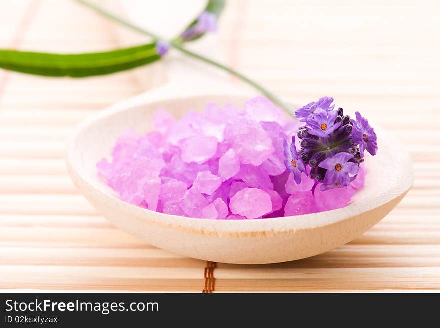 Lavender bath items. salt, and fresh flower