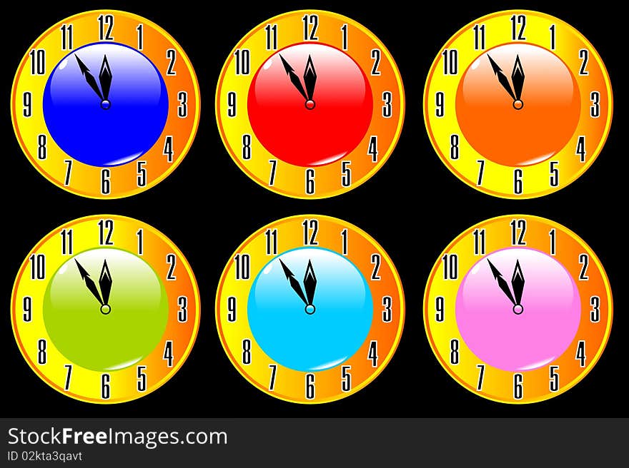 Color collection of clocks on a black background vector eps10. Color collection of clocks on a black background vector eps10