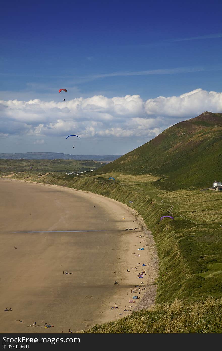 Parasailing at Rhossili Bay, Gower, Wales