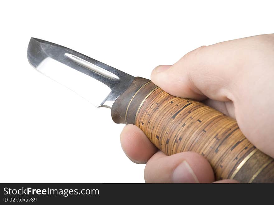 Hunters knife in man's hand. Isolated on white background. Hunters knife in man's hand. Isolated on white background.