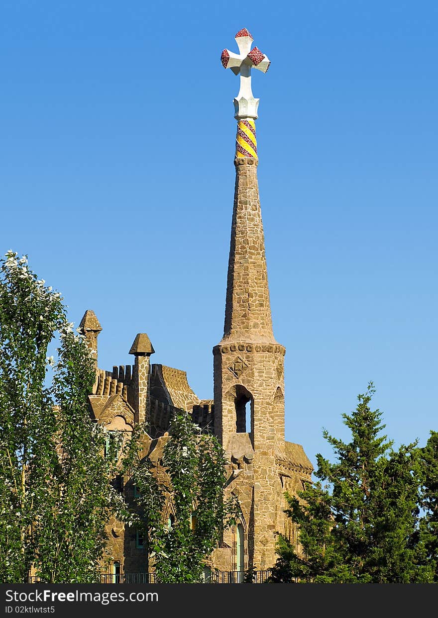 Ancient small church on Tibidabo hill in Barcelona city, Spain