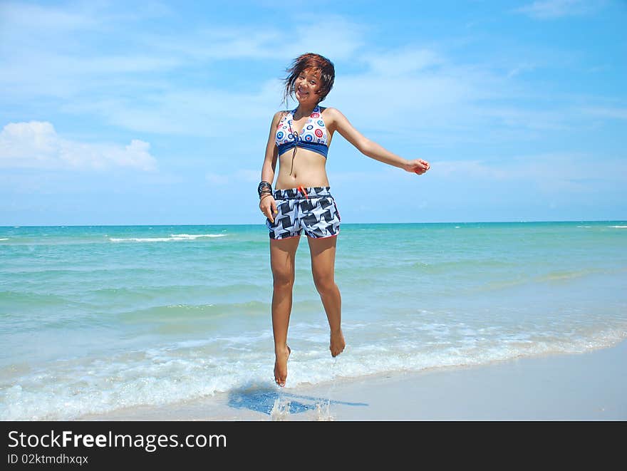 Woman Thai picture lies down on Huahin beach in date bright ,. Woman Thai picture lies down on Huahin beach in date bright ,