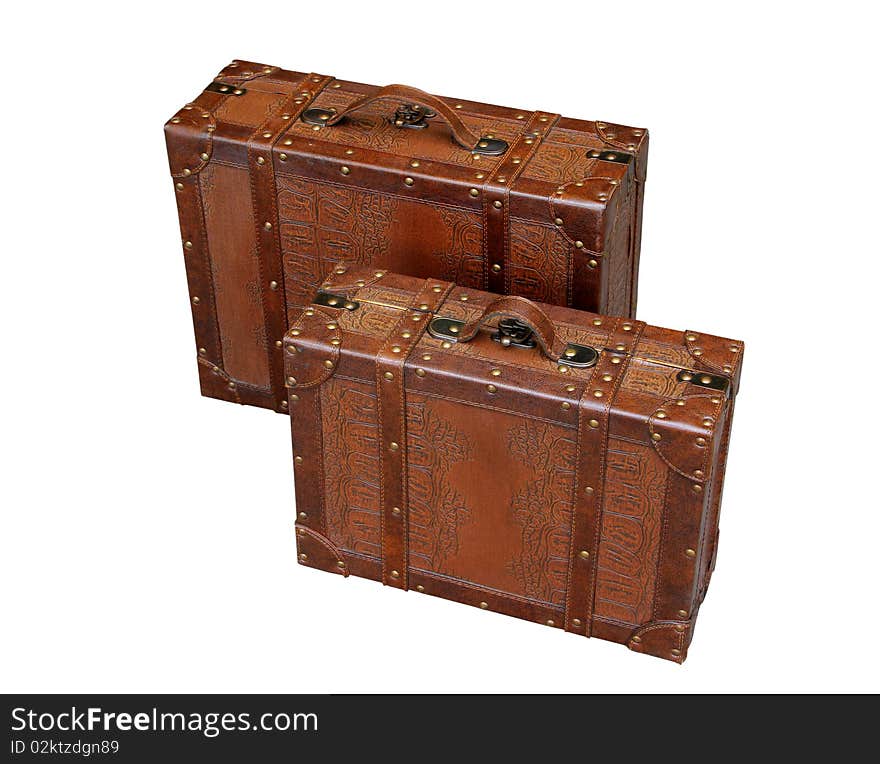 Brown leather travel bags with a white background. Brown leather travel bags with a white background.