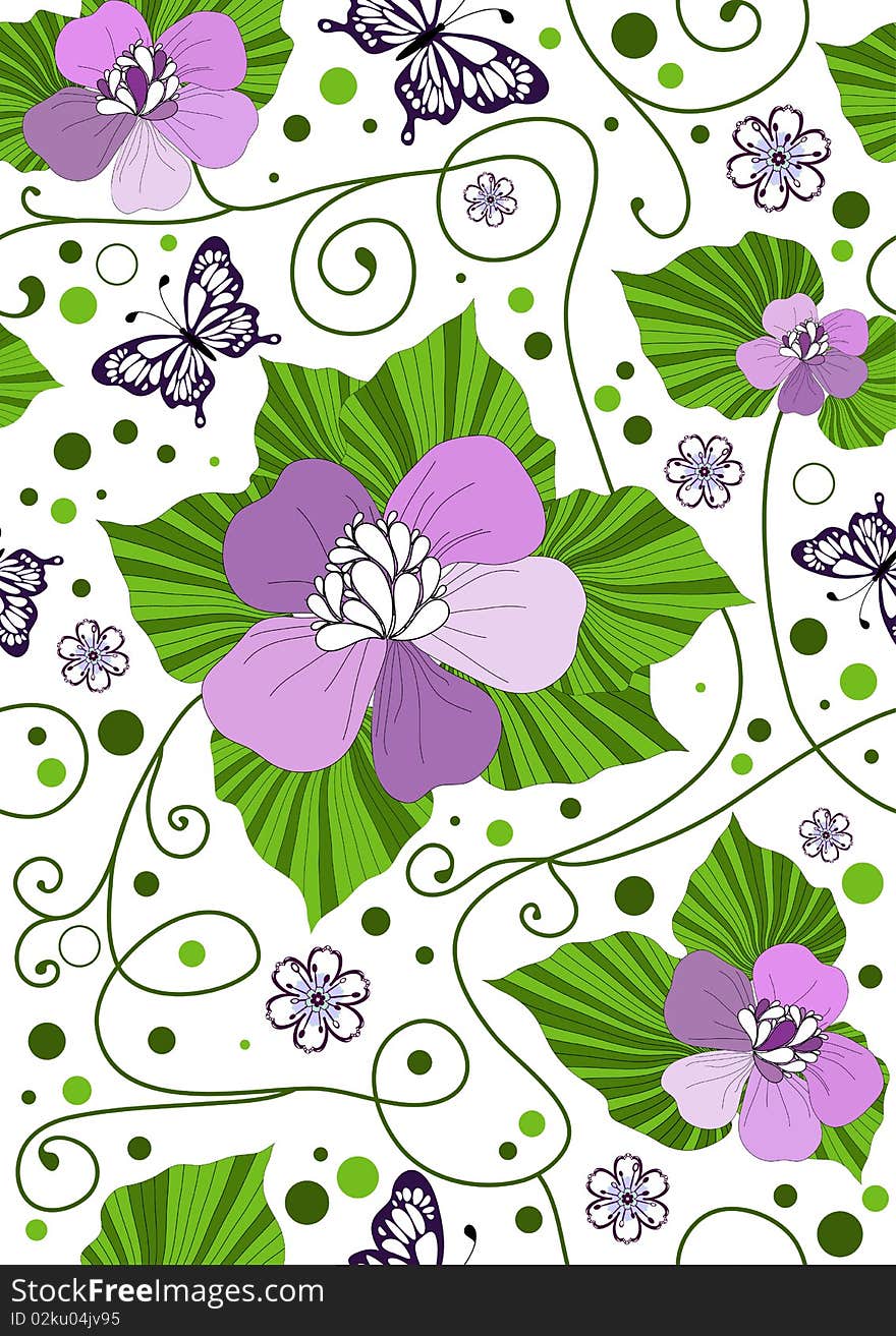 Seamless floral pattern with curls and butterflies