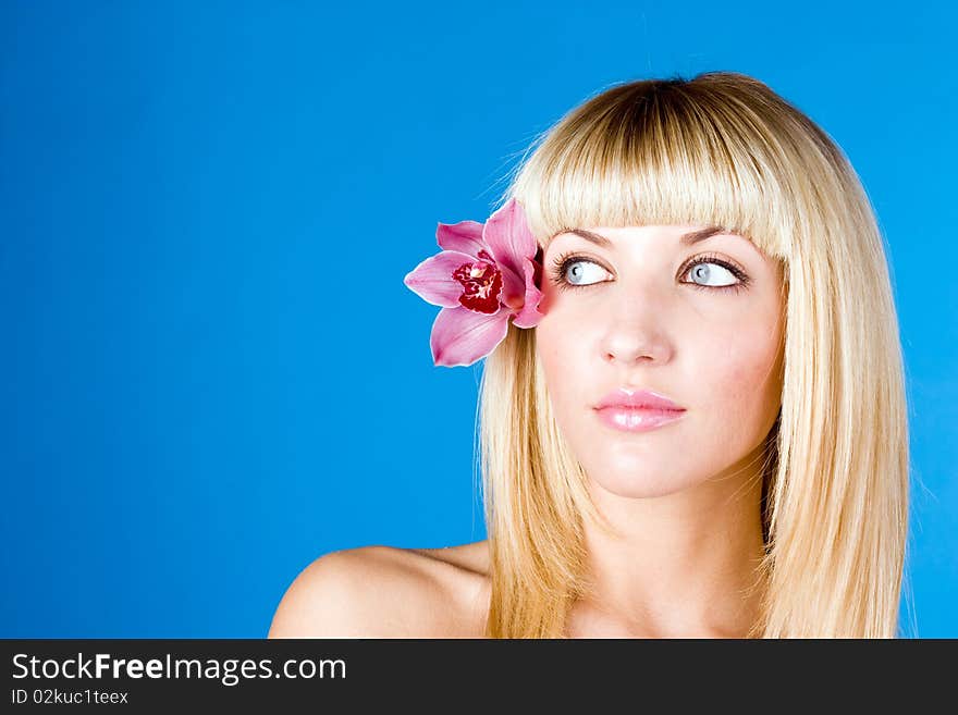 Beauty portrait of a woman with a flower on blue background. Beauty portrait of a woman with a flower on blue background