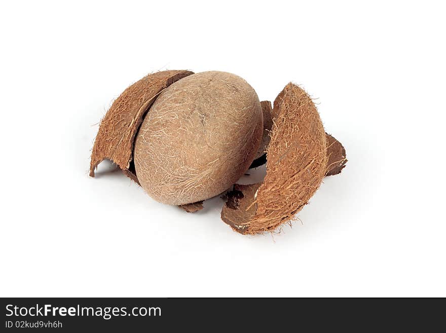 Broken coconut on white background