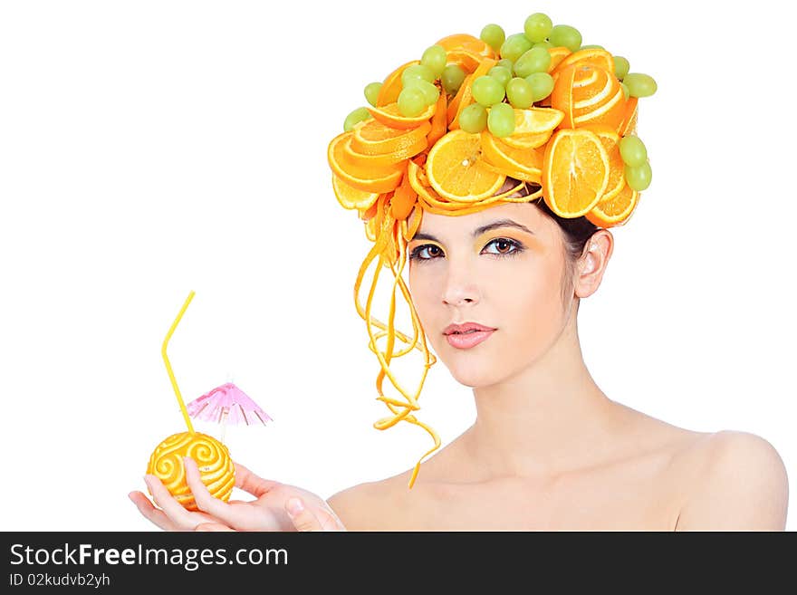 Shot of a beautiful young woman with fruits headwear. Food concept, healthcare. Shot of a beautiful young woman with fruits headwear. Food concept, healthcare.