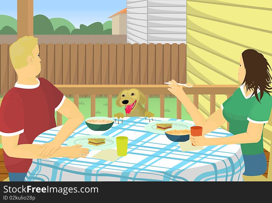 A hungry dog peaks over a table where a married couple is eating lunch on the deck of their backyard. A hungry dog peaks over a table where a married couple is eating lunch on the deck of their backyard.