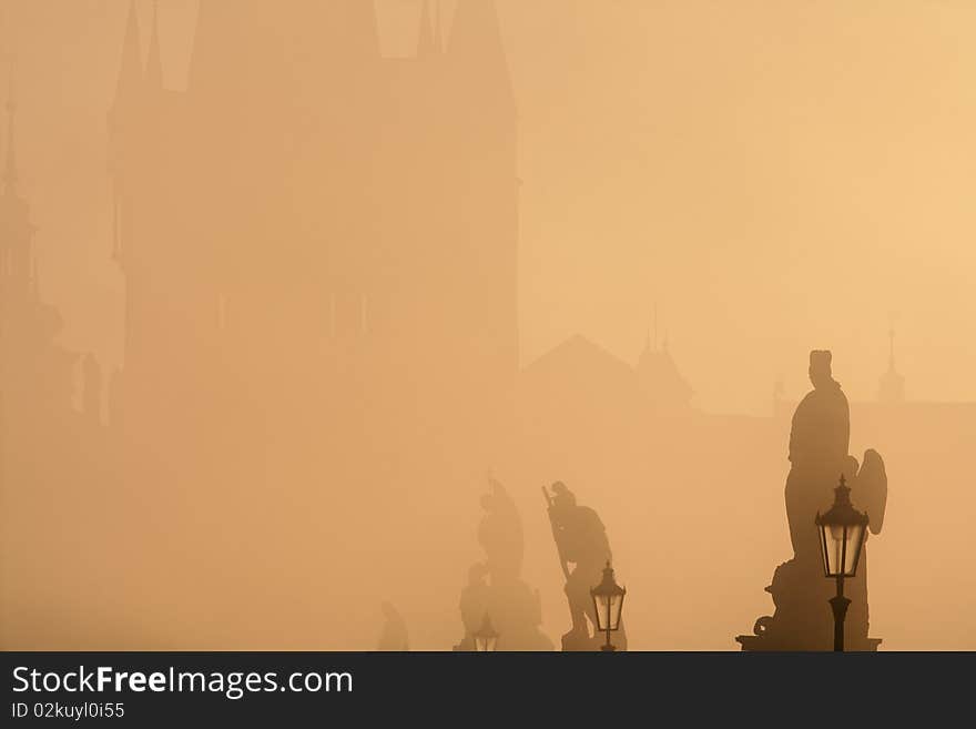 Czech republic prague - charles bridge on foogy morning. Czech republic prague - charles bridge on foogy morning