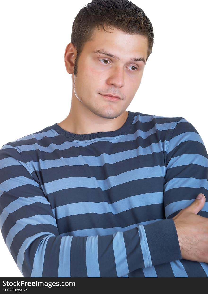 Portrait of young man with hands folded isolated on white background