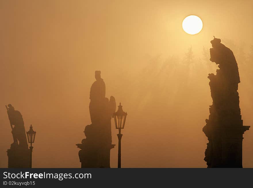 Czech republic prague - charles bridge on foogy morning. Czech republic prague - charles bridge on foogy morning