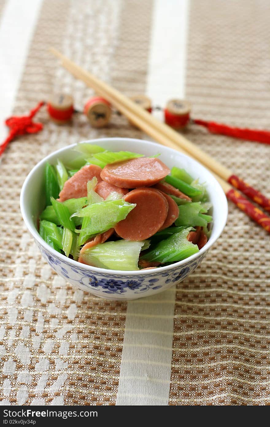 Delicious celery, and ham chopsticks。. Delicious celery, and ham chopsticks。