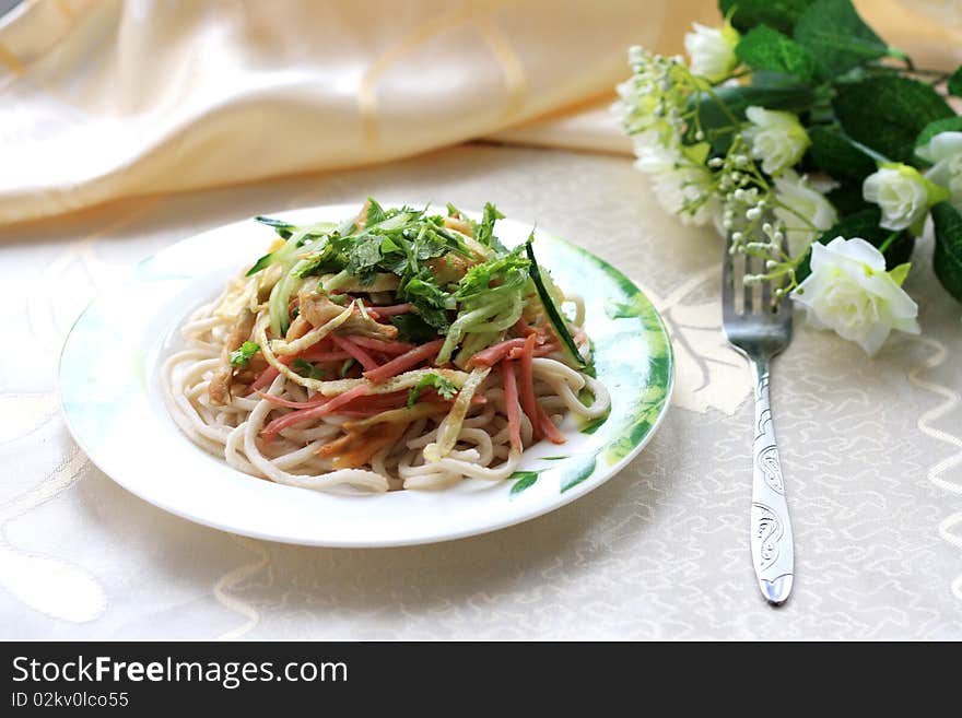 Chinese cold noodle, eggs, cucumber, and vegetables. Chinese cold noodle, eggs, cucumber, and vegetables.