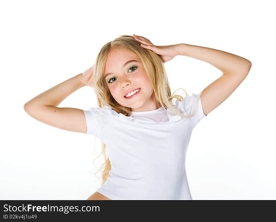 Close-up portrait of a beautiful little girl on white background. Close-up portrait of a beautiful little girl on white background