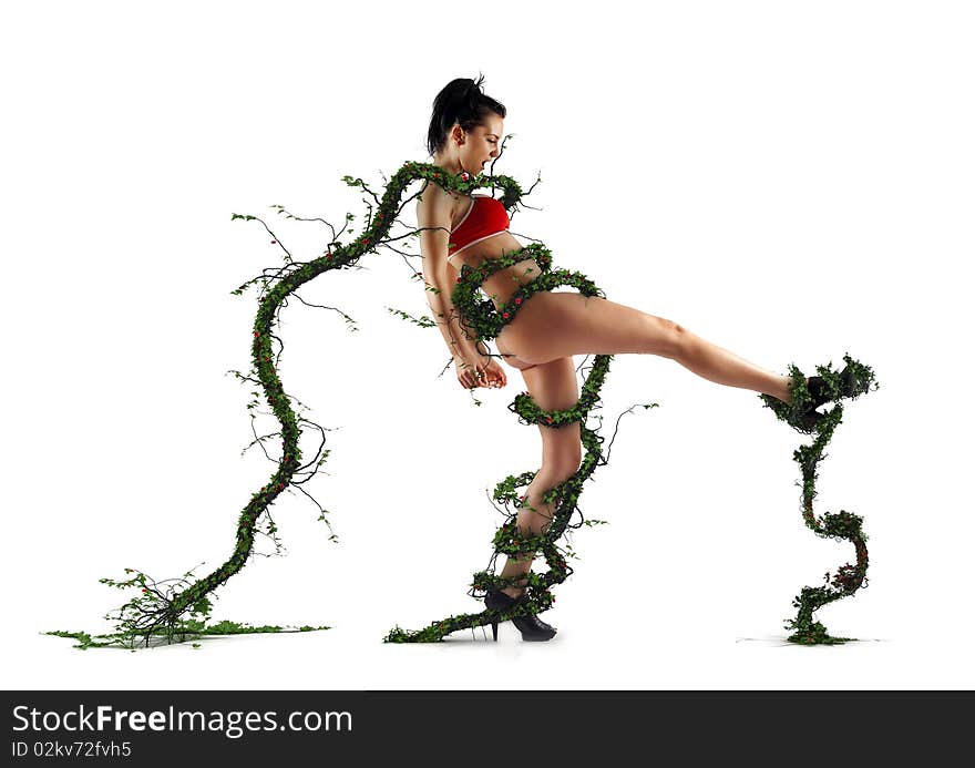 Mixed media artistic picture - girl being cought in a plant