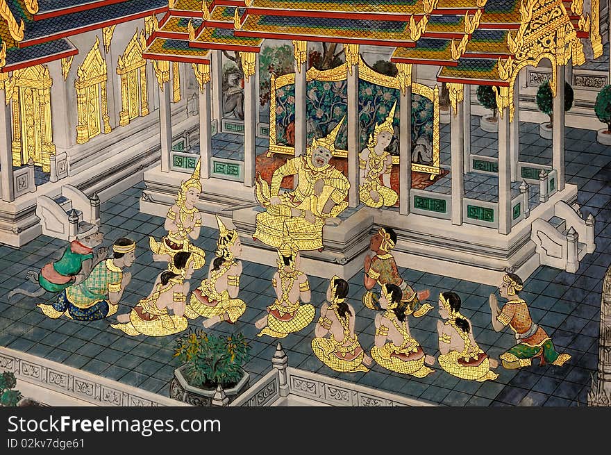 Beautiful Scene Painted on a Temple Wall at Grand Palace, Bangkok