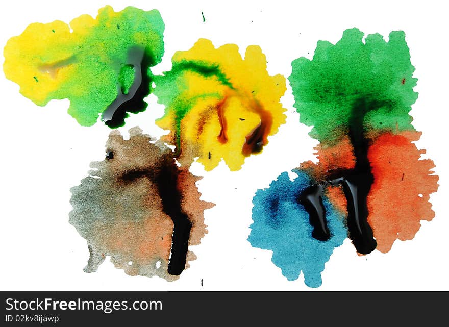 Abstract closeup photograph of colorful ink and paint splotches, splatters, dabs, dribbles, and splatters isolated on a white background. Abstract closeup photograph of colorful ink and paint splotches, splatters, dabs, dribbles, and splatters isolated on a white background.