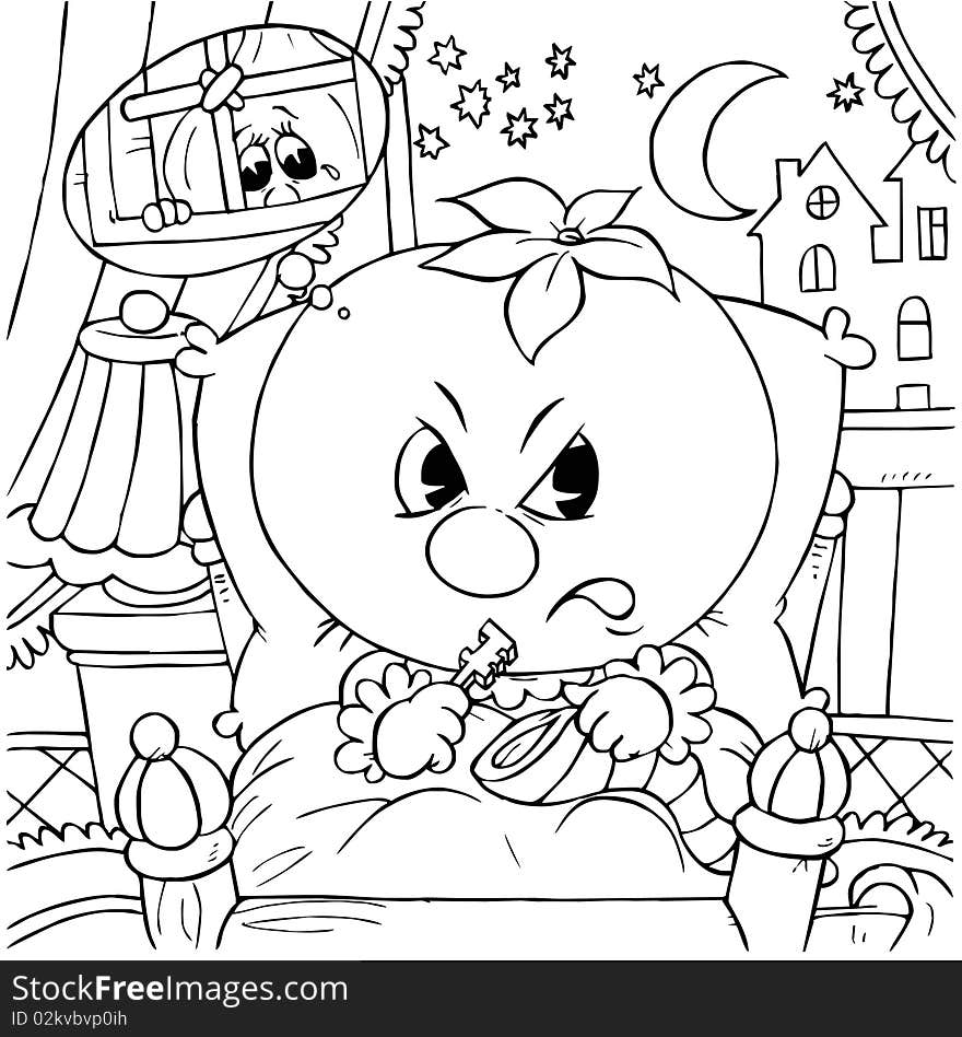 Black-and-white illustration (coloring page) with a character of a tale: Tomato in his bedroom. Black-and-white illustration (coloring page) with a character of a tale: Tomato in his bedroom