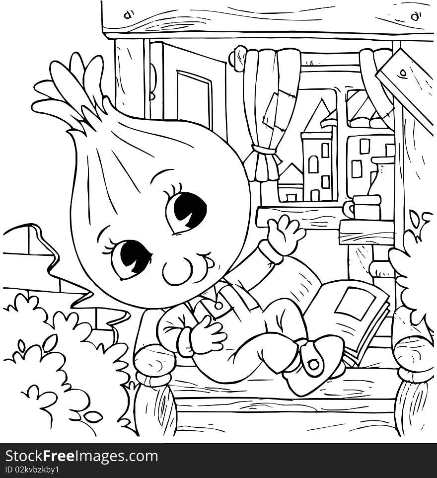 Black-and-white illustration (coloring page): Little Onion sitting on the threshold of his house