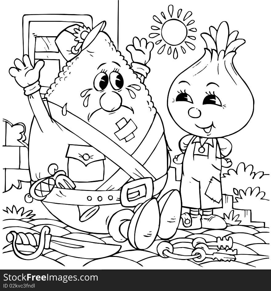 Black-and-white illustration (coloring page): Little Onion and Lemon soldier