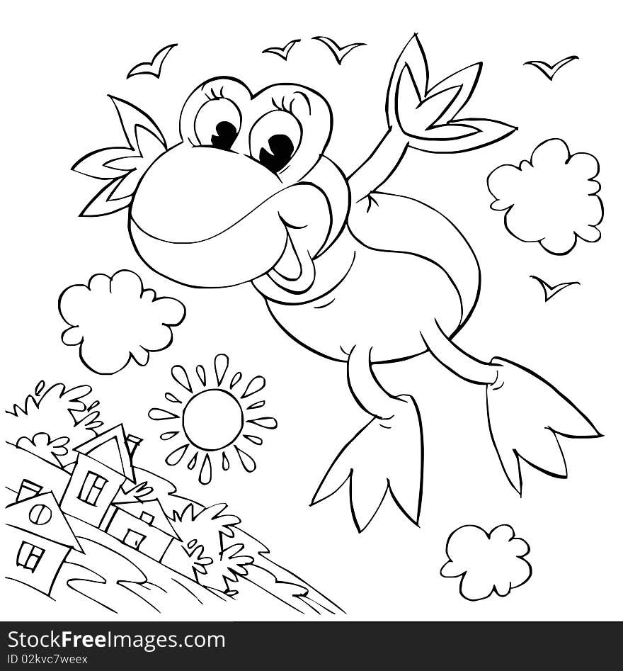 Black-and-white illustration (coloring page): frog flies over a town like a bird. Black-and-white illustration (coloring page): frog flies over a town like a bird