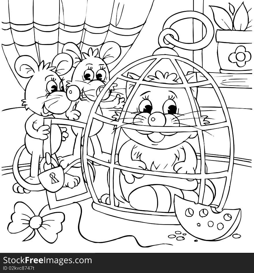 Black-and-white illustration (coloring page): mice make fun of a cat sitting in a cage. Black-and-white illustration (coloring page): mice make fun of a cat sitting in a cage