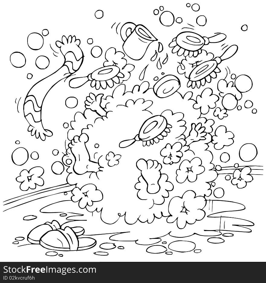 Black-and-white illustration (coloring page): brushes wash a boy in lather. Black-and-white illustration (coloring page): brushes wash a boy in lather