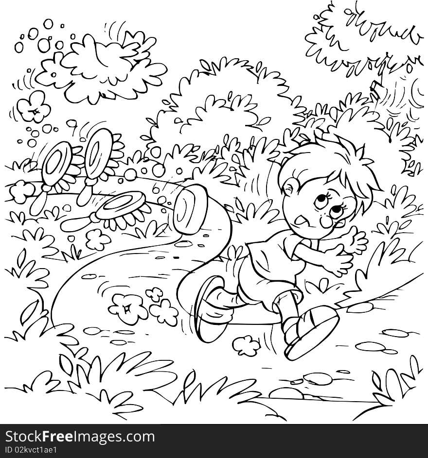 Black-and-white illustration (coloring page): boy fleeing along a path in a park. Black-and-white illustration (coloring page): boy fleeing along a path in a park