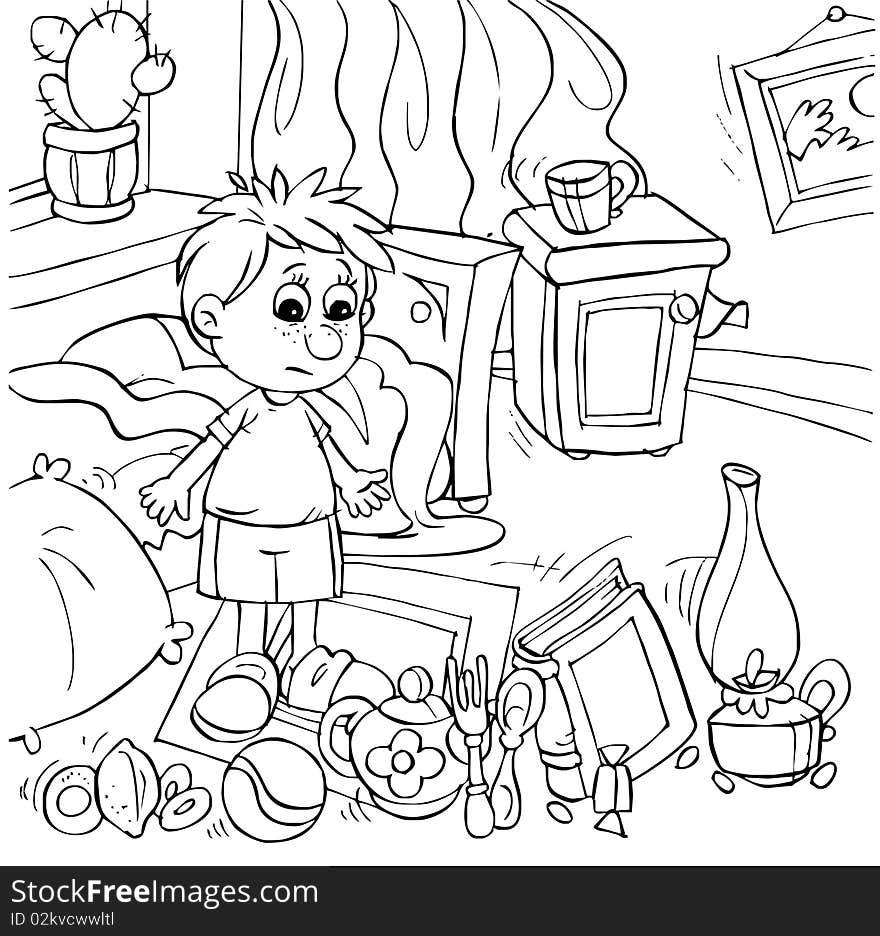 Black-and-white illustration (coloring page): nursery in a mess. Black-and-white illustration (coloring page): nursery in a mess