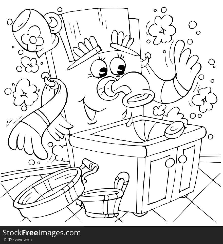 Black-and-white illustration (coloring page): funny washstand (fairytale character)