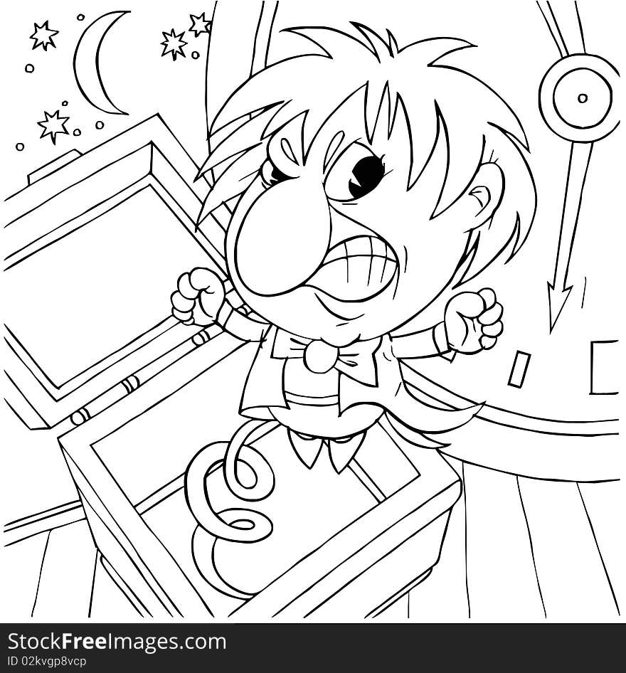 Black-and-white illustration (coloring page): imp unexpectedly springs out of a musical snuffbox. Black-and-white illustration (coloring page): imp unexpectedly springs out of a musical snuffbox