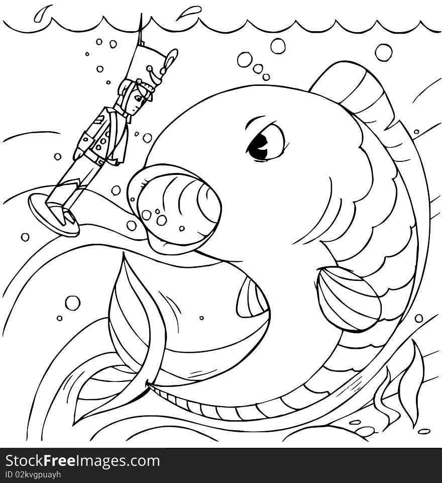 Black-and-white illustration (coloring page): a big fish wants to swallow the Constant Tin Soldier. Black-and-white illustration (coloring page): a big fish wants to swallow the Constant Tin Soldier