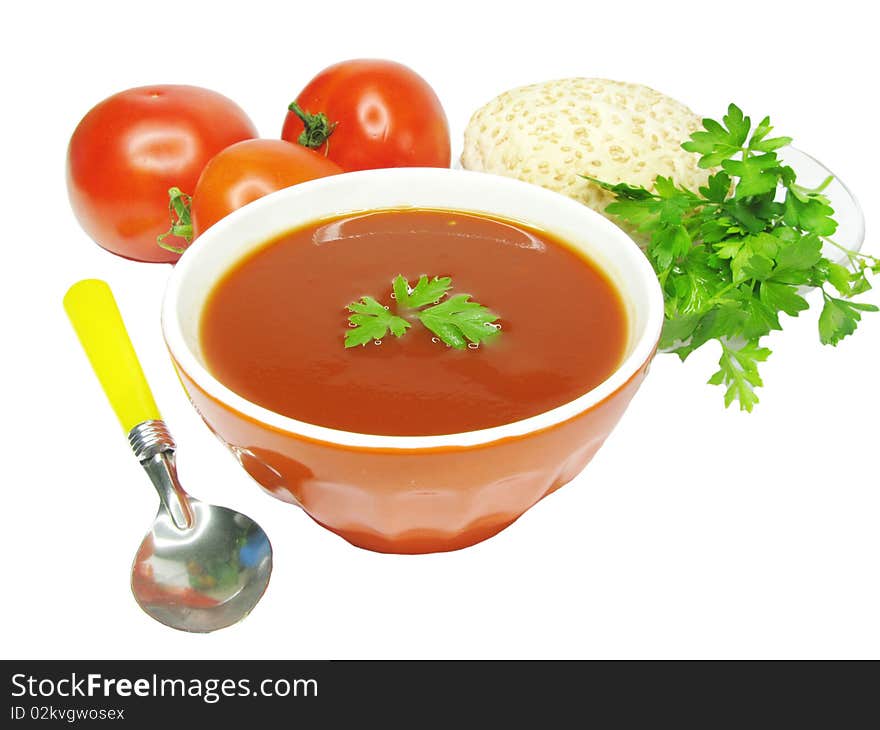 Soup with tomato vegetables parsley and sesame bread. Soup with tomato vegetables parsley and sesame bread