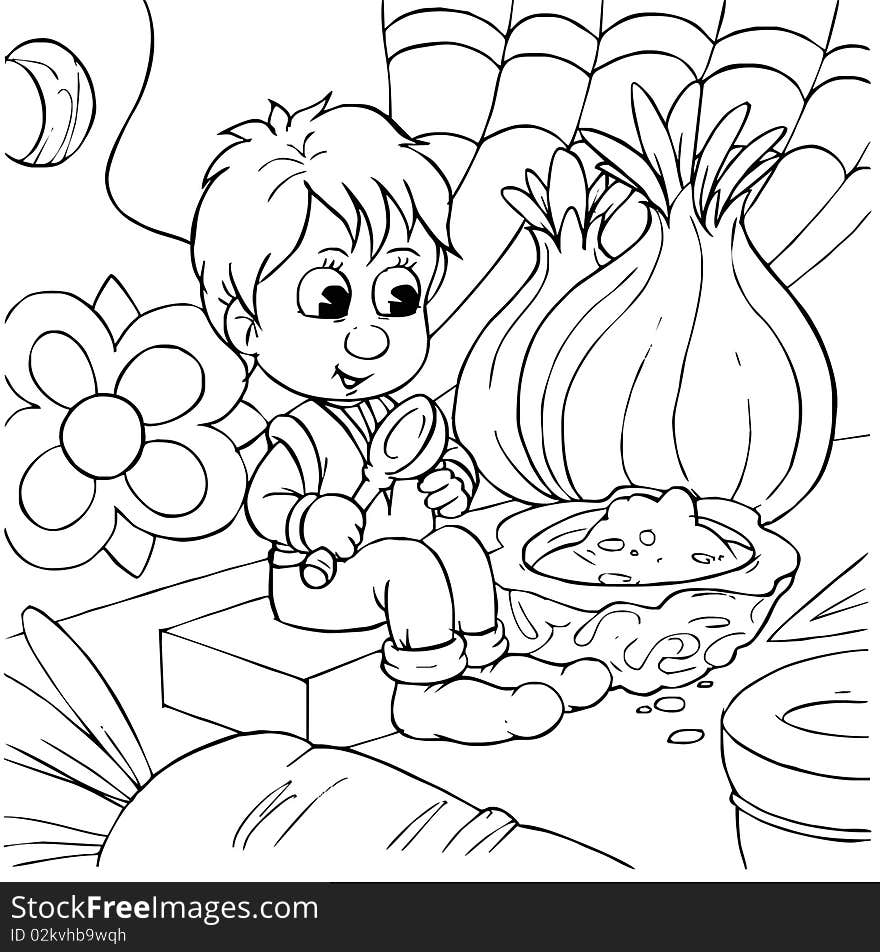 Black-and-white illustration (coloring page): Tom Thumb sits on a table with vegetables