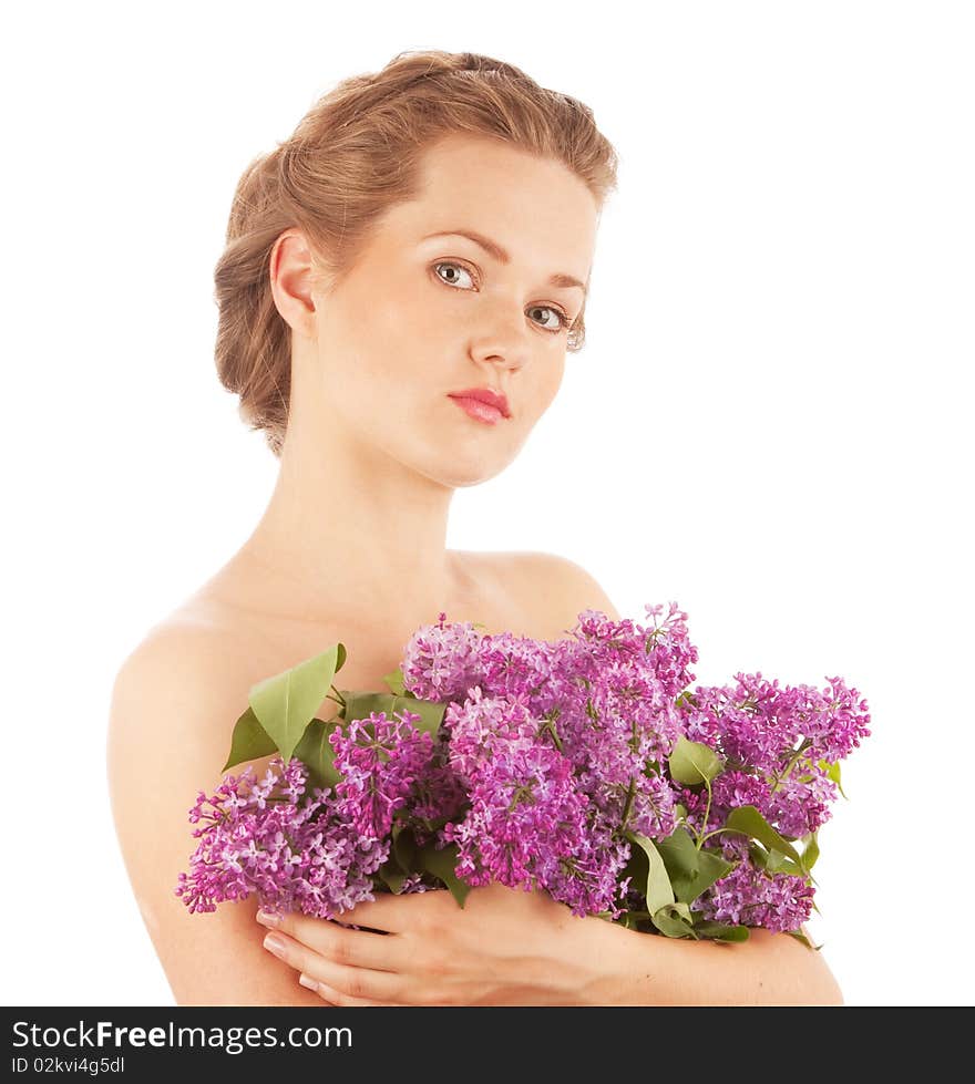 Girl with lilac isolated on white